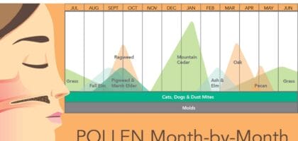 Greater Austin Allergy's monthly pollen infographic calendar showing allergen patterns across Central Texas