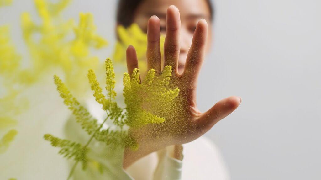 Hand covered in pollen demonstrating ragweed allergen exposure
