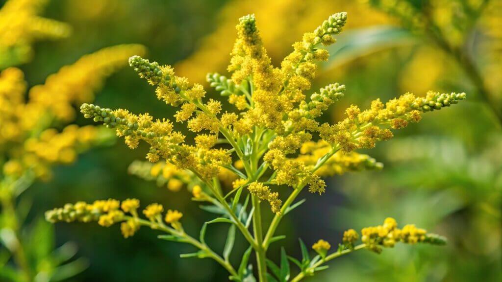 Close-up of ragweed plants with yellow pollen-bearing flowers