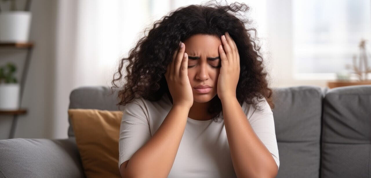 Woman experiencing headache from climate change allergies