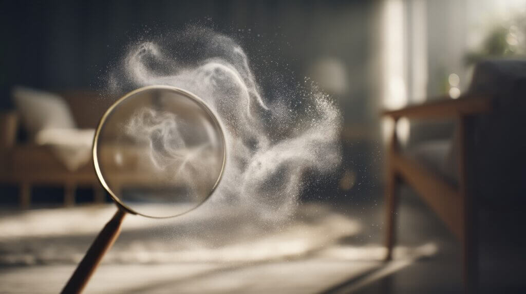 Magnifying glass showing airborne dust particles and allergens