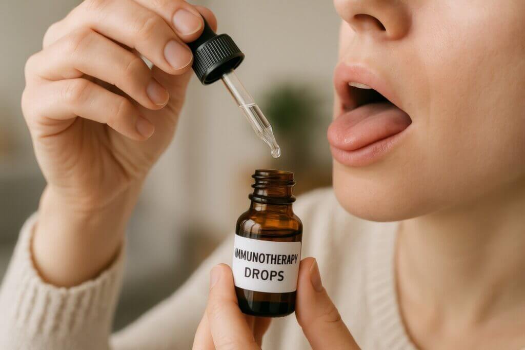 Person using sublingual immunotherapy drops for allergy treatment