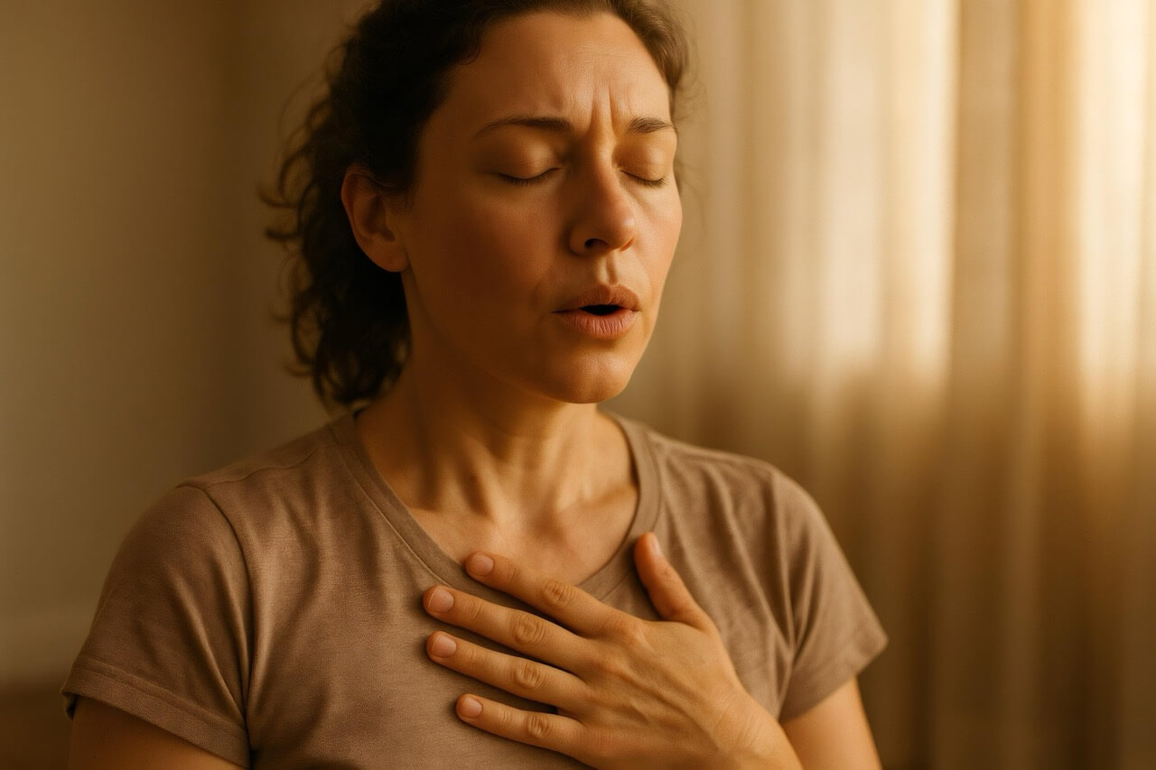 Woman with breathing discomfort from smoke exposu
