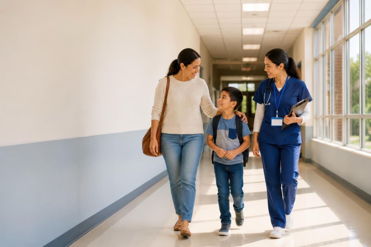 Parent and child meet with a school nurse